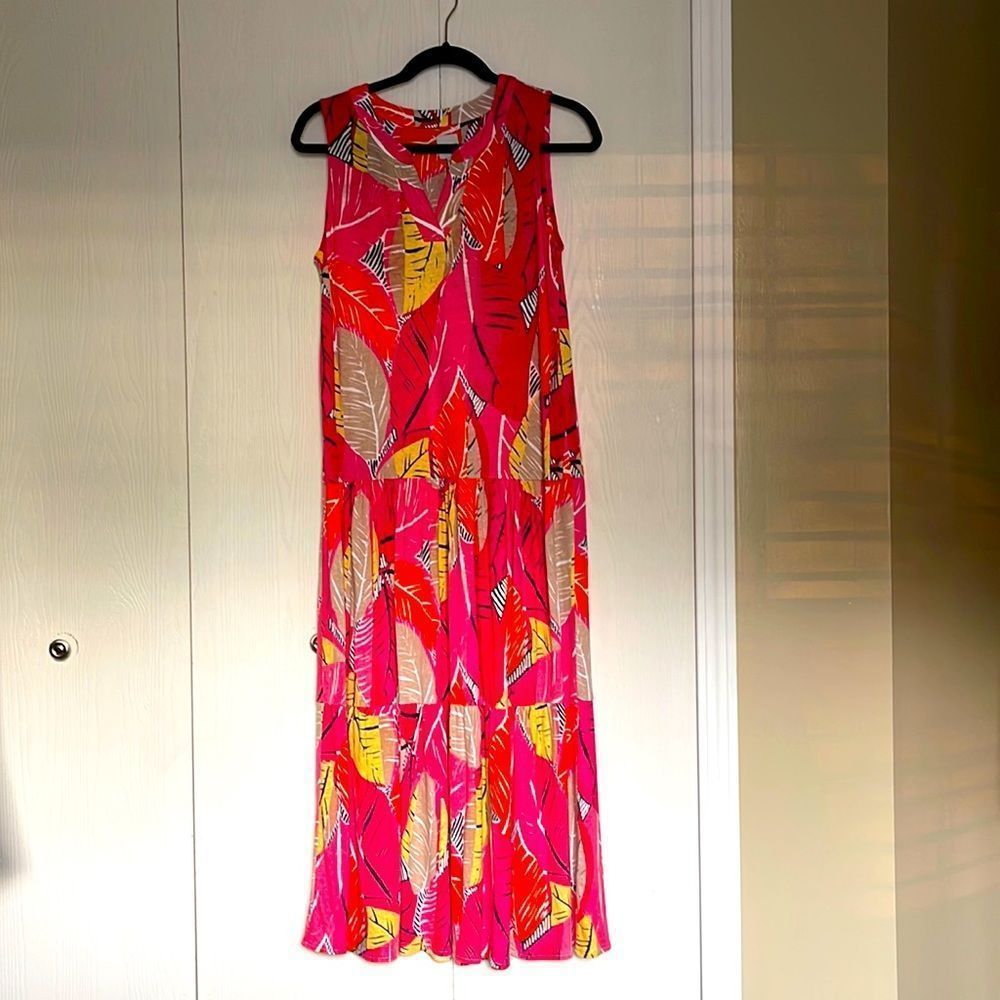Maxi dress pink multi leaves print, drop waist NWT S, M, L, XL